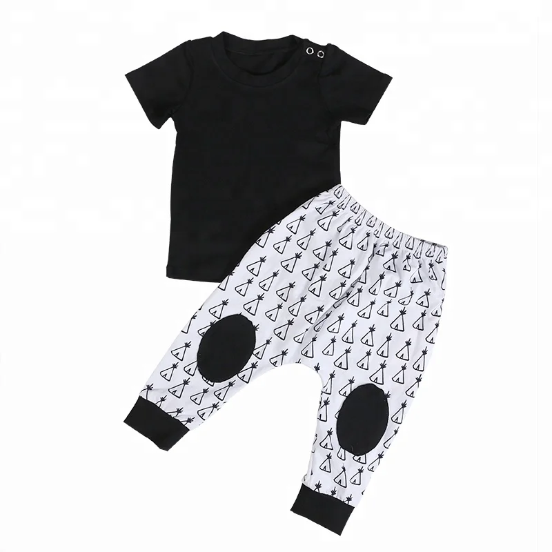 

Wholesale baby boutique clothes set baby boy cotton clothes sets printed top and pants sets for infant boys, Many colors available