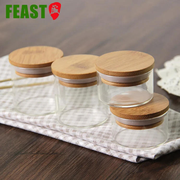 Various Size Bamboo Lid Herb Glass Jar Wood Lid Small Glass Jar 2 Oz