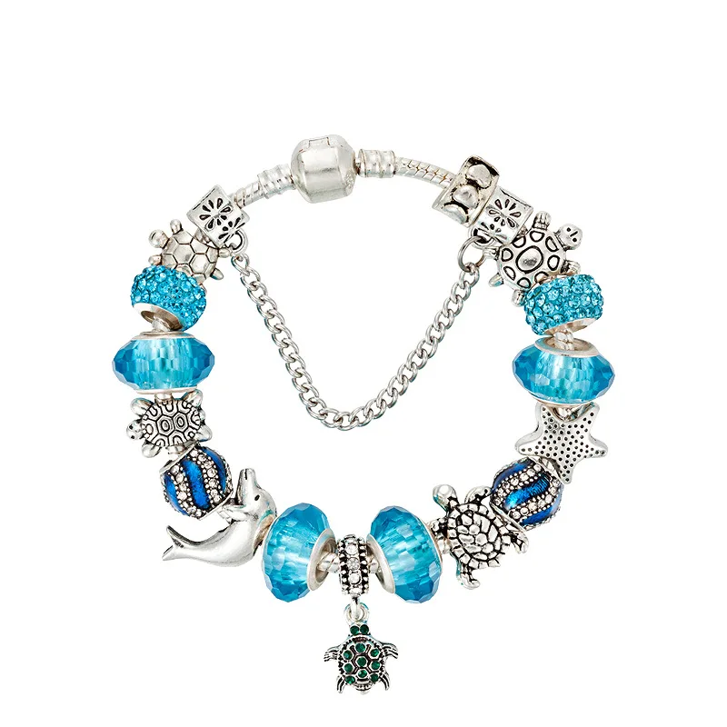 

Ocean Beach European Diy Blue Glass Beads Animal Bracelets Blue Crystal Silver Dolphin Starfish Turtle Pendant Charm Bracelet