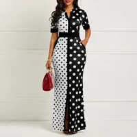 

Europe and America Design Black White Wave Point Dress Women Belt Polka Dot Long Maxi Dress