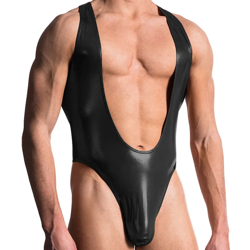 

Tight Underwear Leather Bodybuilding underwear Suit Bodysuits Men Undershirt Gay Clothing, Black