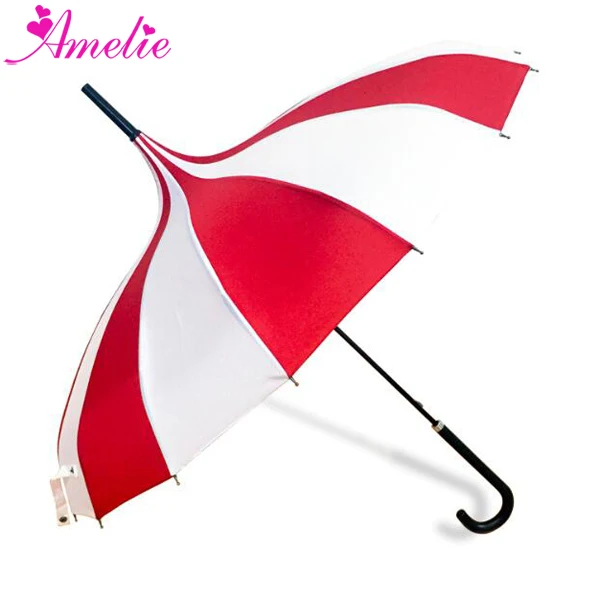 

Stripe Classic Style Hand-sewed Pongee Fabric Sun Pagoda Umbrella White/Red Wedding Parasol, Black with white trim