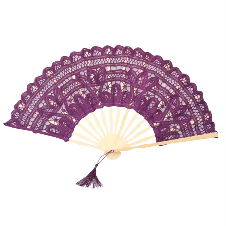 Cotton Lace Folding Handheld Bridal White Lace Spanish Hand Fan with Bamboo Staves for Wedding Decoration Dancing Party
