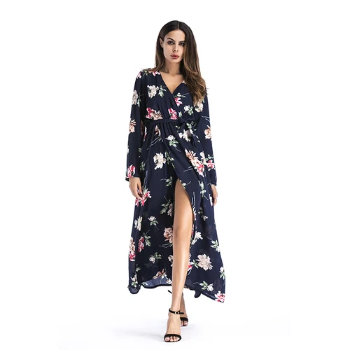 

Chinese Clothing Manufacturers2018 Latest Women's Slit Wrap Floral Chiffon Beach Dress Long Summer Maxi Dresses Boho Long Sleeve, Floral wholesale chiffon boho dresses