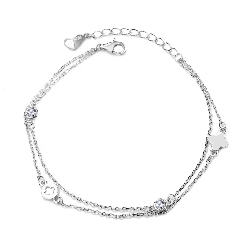 

RL05 925 Sterling Silver White CZ Zircon Double Chain Flower Shape Adjustable Thin Charm Bracelet For Women