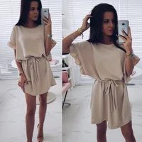 

Fashion Trend Hot Sale new loose large size ladies fashion dresses belt ruffled side sleeves round neck solid color dress