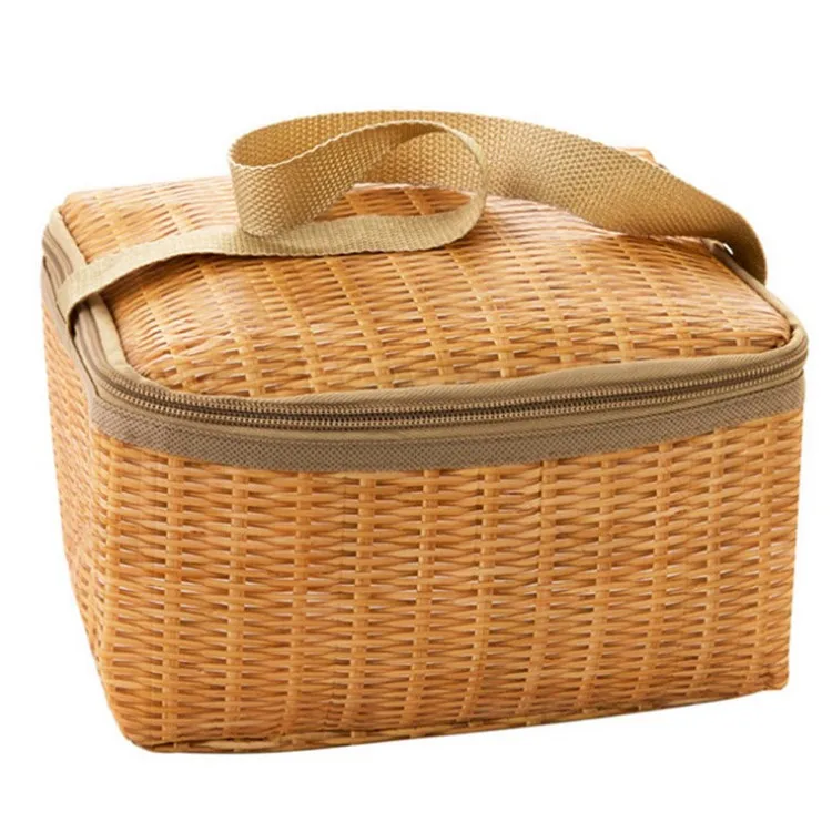 

22*14*12cm Portable Insulated Thermal Cooler Lunch Box Canvas Imitating Rattan Lunch Bag Picnic Container