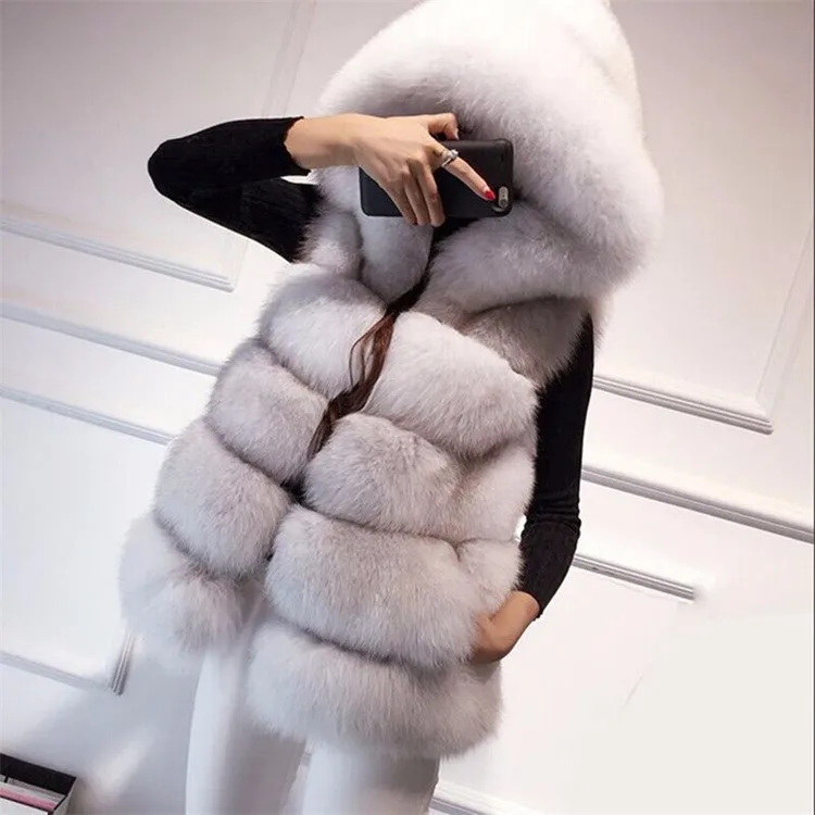 EFOFEI Womens Sleeveless Slim Winter Warm Fur Collar Hooded Vest Coat
