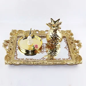 Image of Bola Nordic Style Metal Cosmetic Storage Tray Golden Fruit Plate Small Items Jewelry Display Retro Engraving Tray Mirror