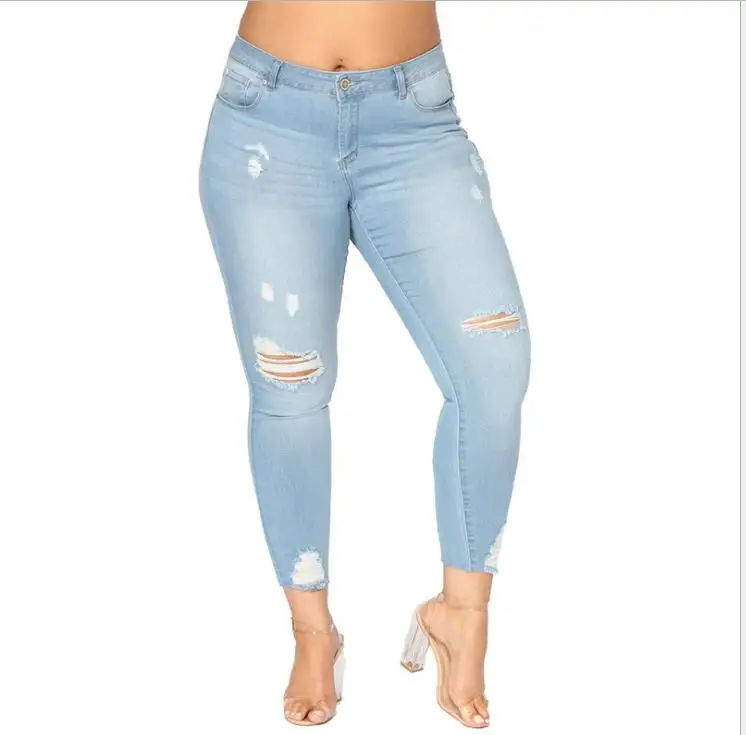

(2 colors) extra large size fashion hole denim pants, As picture