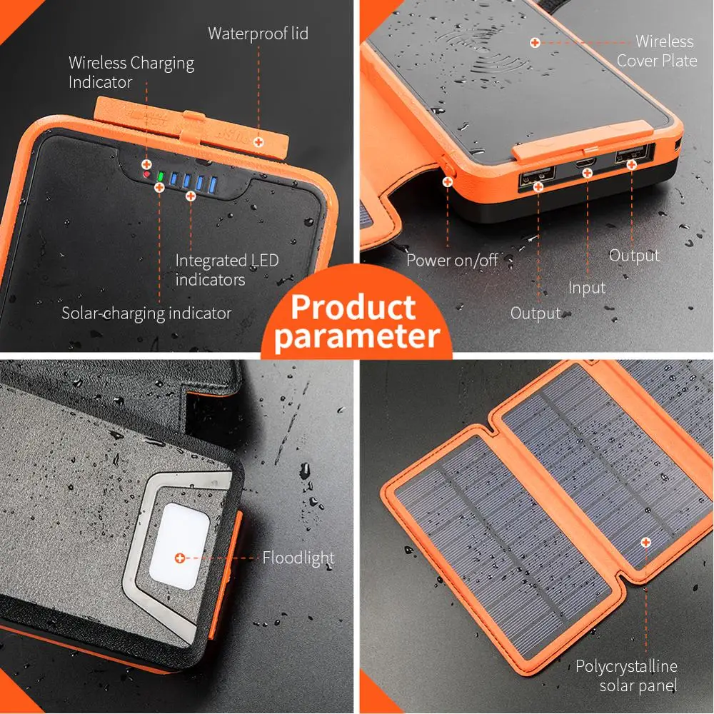 

New Design Doubl USB Waterproof Portable Mobile Phone Li-battery Solar Qi Wireless Charge Power Bank 20000mAh