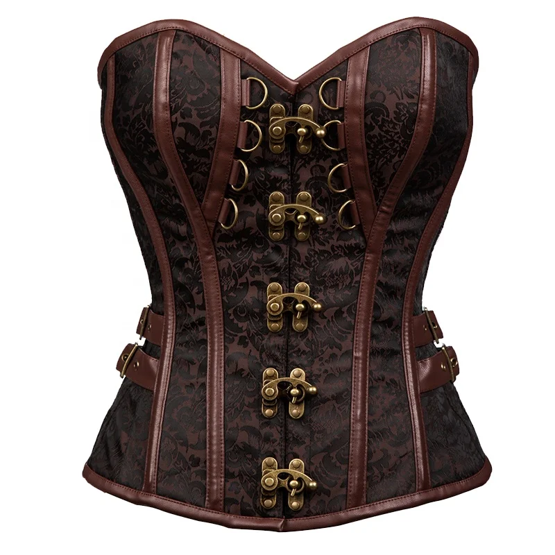 

CORZZET Steampunk Brown Gothic Overbust Corsets & Bustiers Steel With Buckle Back Lace Up Closure For Halloween Women Corset, Black/brown/red