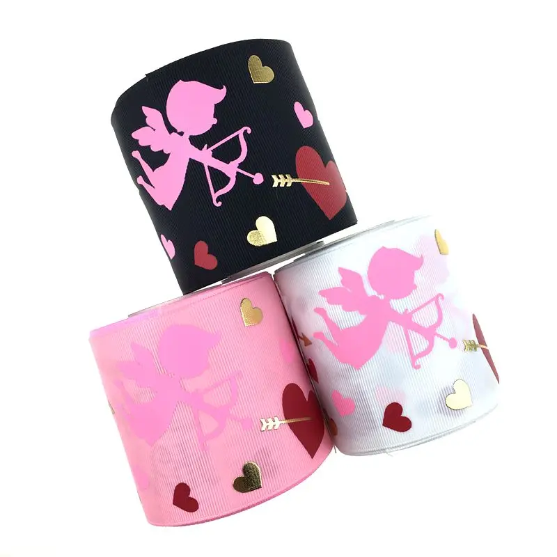 

3inch Valentine's Day ribbon , gold foil heart printed with grosgrain ribbon ,DIY Jojo siwa bow, 196 colors for choose