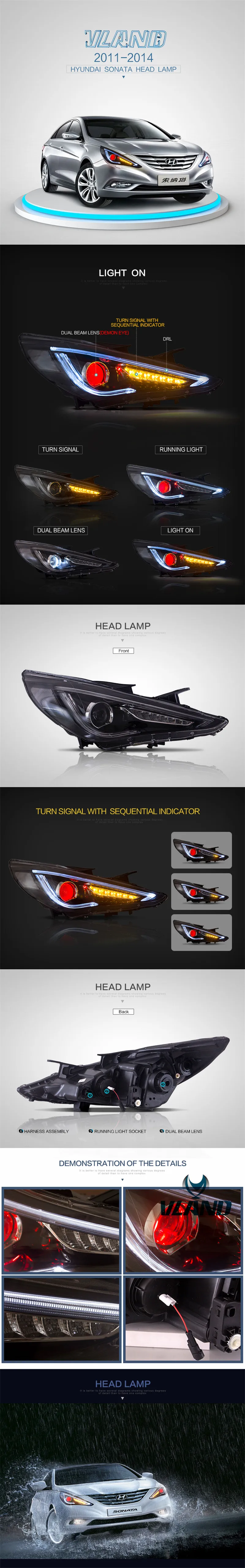 VLAND manufacturer for car headlight for SONATA head lamp 2011-2018 LED head light plug and play with moving signal & demon eye