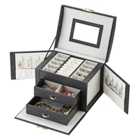 

2020 Custom Black Leather Jewelry Box Girls Jewelry Organizer Mirrored Mini Travel Case Jewelry Packaging Box With Drawer