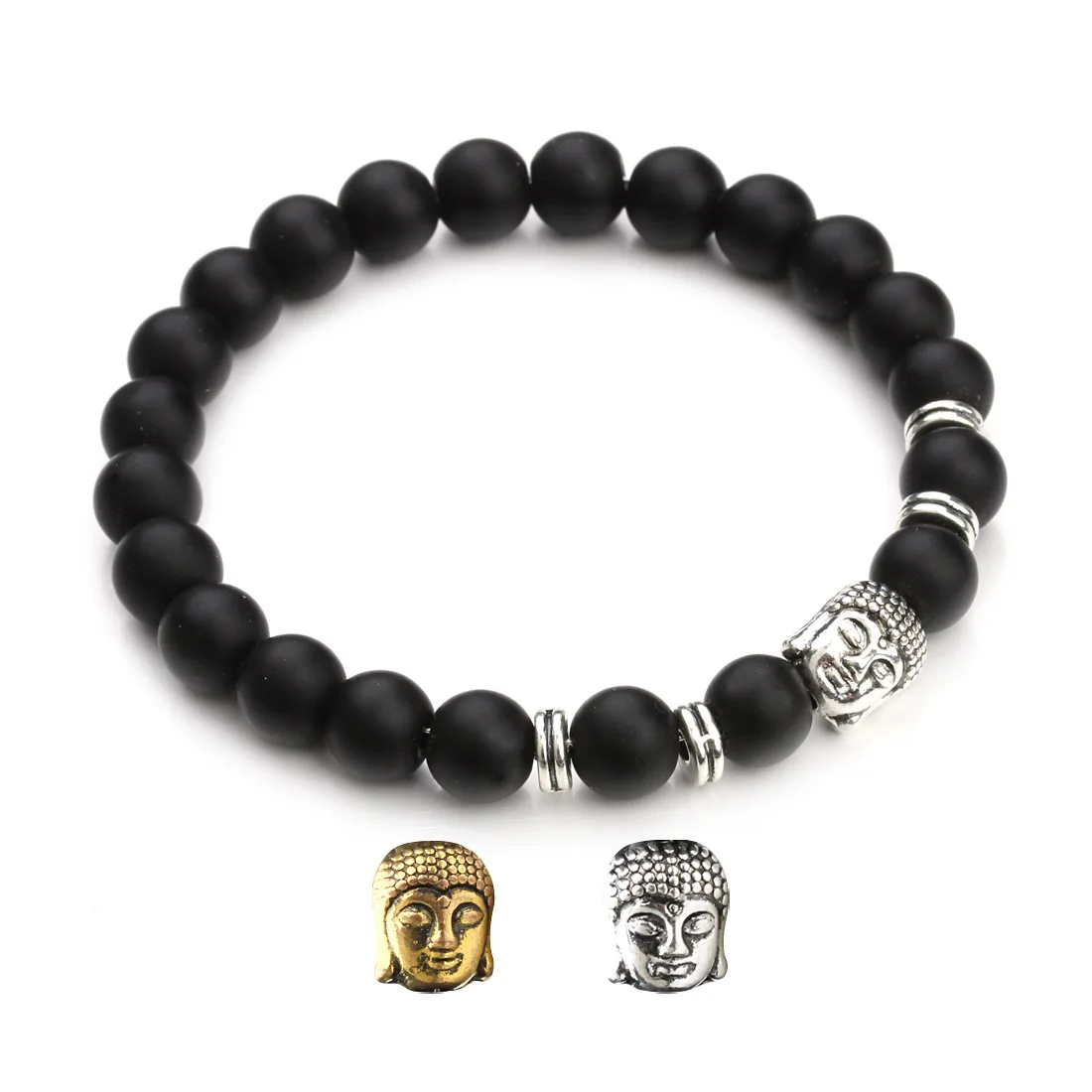 

2019 New Black Matte Agate 8mm Beads Elastic Cord Men Bracelet With Buddha Head Accessories