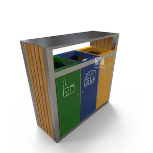 Image of Hot Design Metal Wooden Outdoor Trash Recycle Bin 3 Compartments