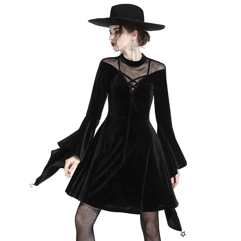 

China factory direct sale low MOQ women velvet mesh lace-up Gothic party dress