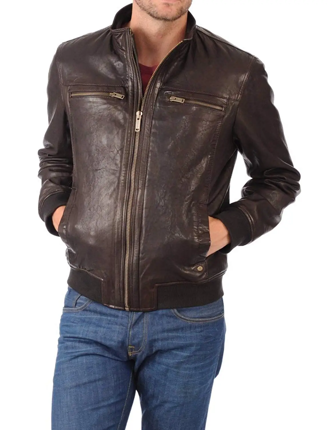 LEATHER FARM Men's Lambskin Leather Bomber Motercycle Jacket