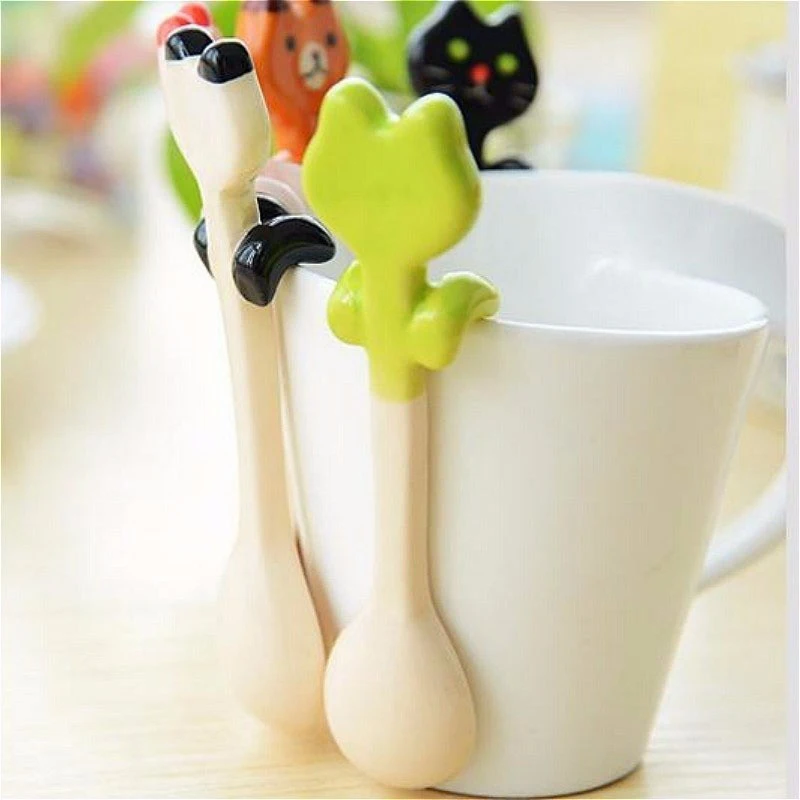 

Cute ceramic coffee tea sauce spoon panda bear frog cat animal modeling spoons coffee spoon with clip, As shown