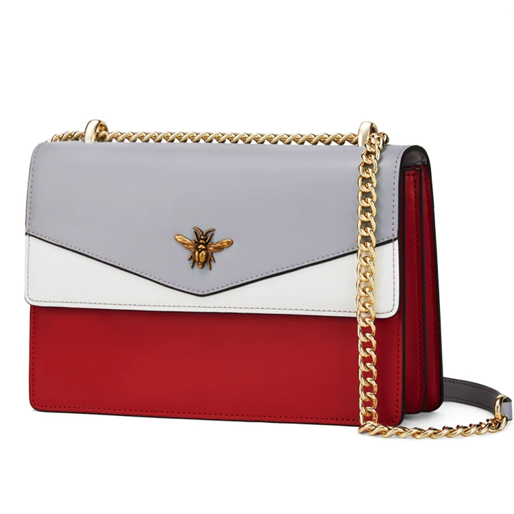 

Genuine Cow Skin Leather Ladies Crossbody handbag, Grey with white and red