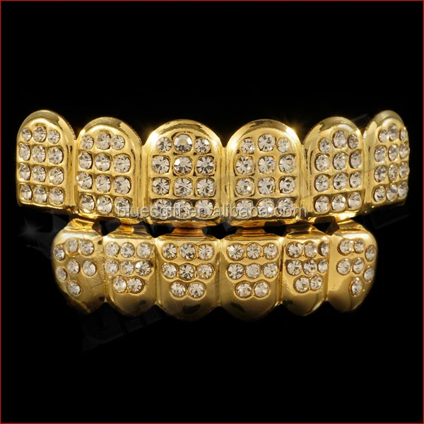 

Blues RTS Fashion brass full crystal rhinestone diamond teeth grillz for hip hop rapper jewelry, Gold silver rose gold