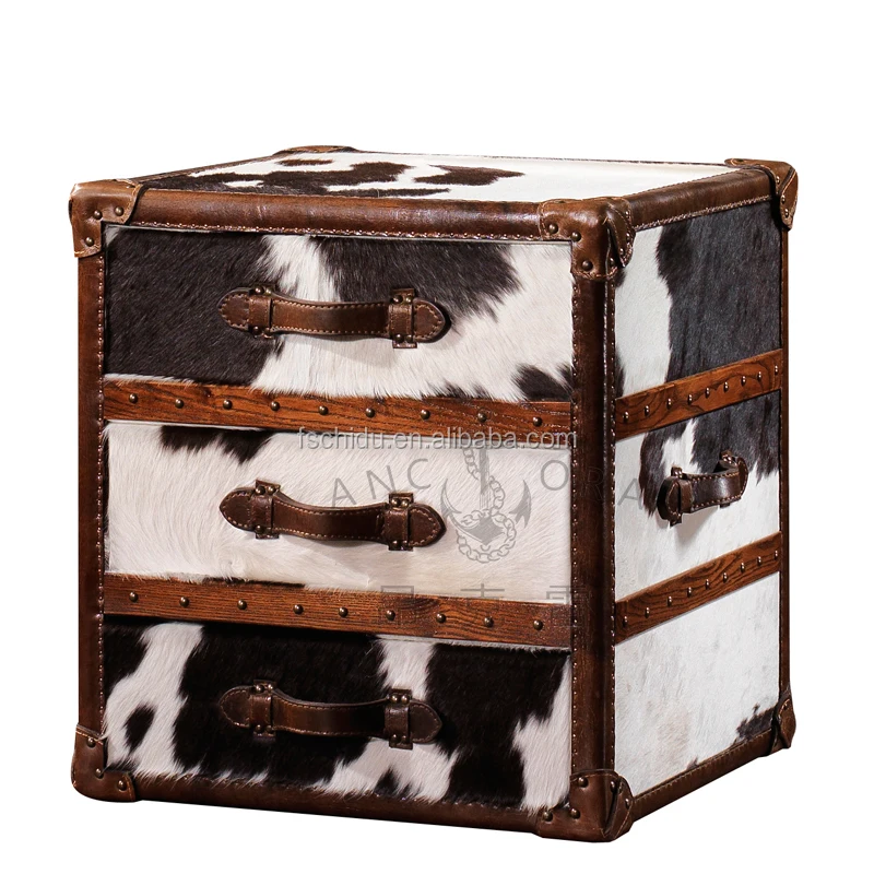 3 Drawer Milk Cow Leather Trunk Vintage Living Room Furniture