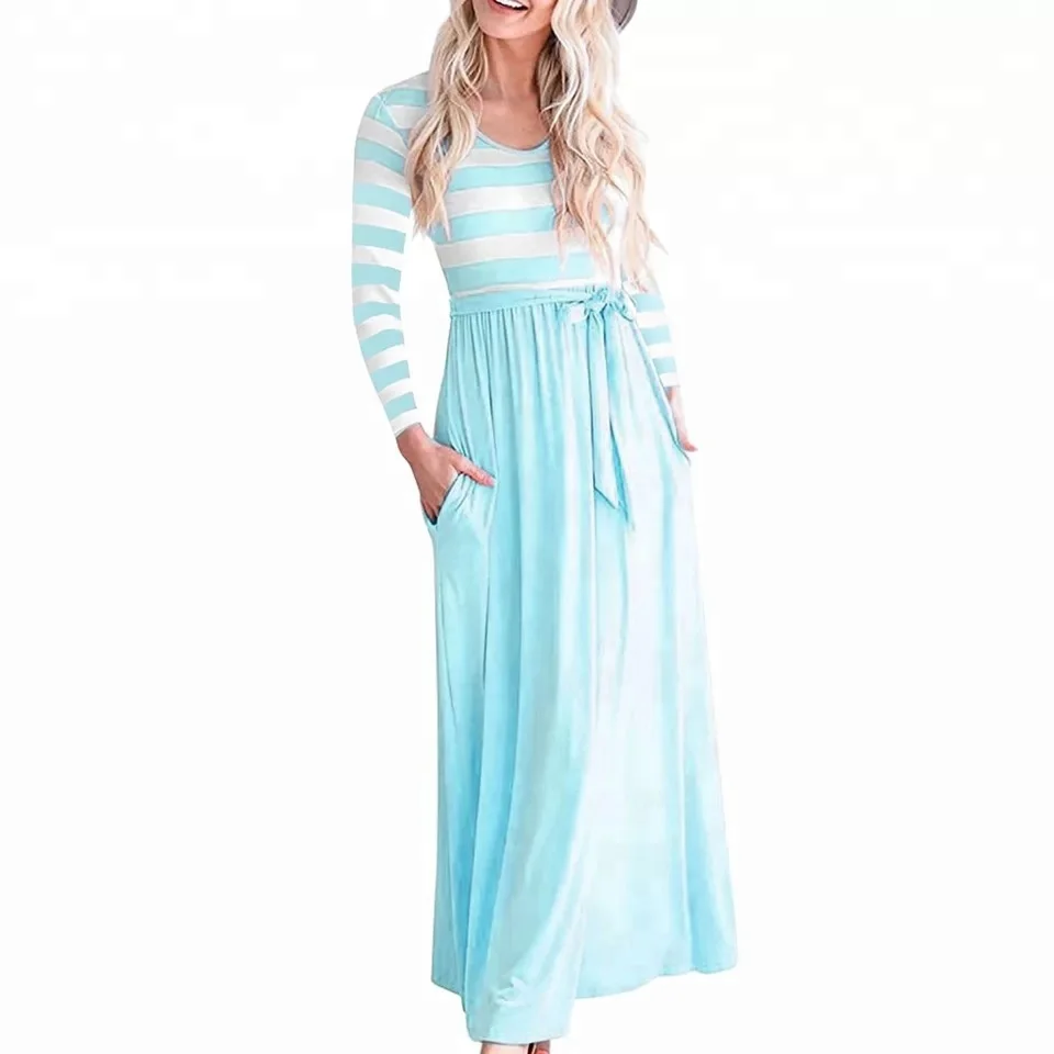 

C58 Striped Patchwork Summer dress Long Sleeve Women Fit And Flare Dress O Neck Vast Dress Long Dress Casual Ankle-length Vestid, N/a