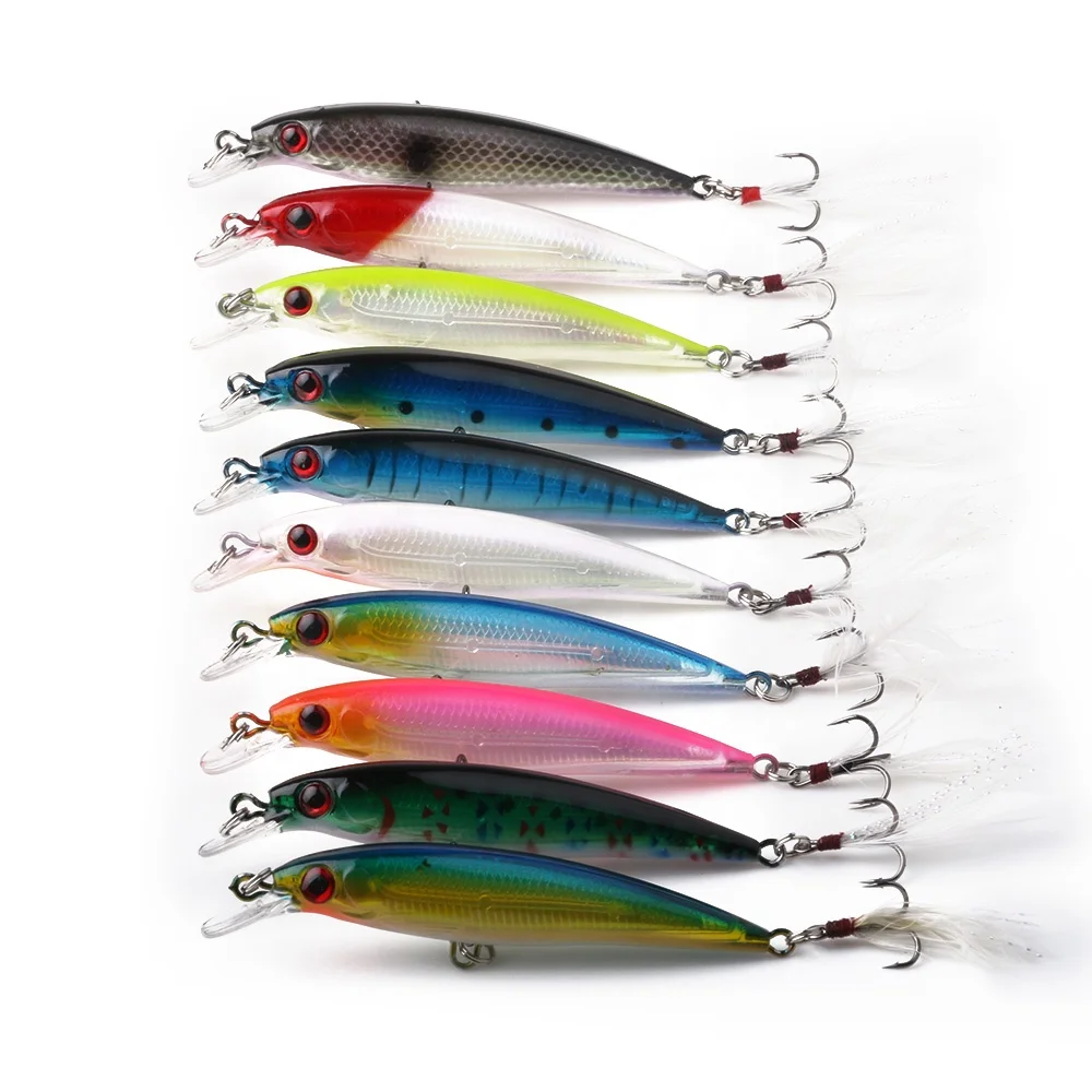 

bait iscas fly Minnow 9CM 8G 6#hooks feathered baits Hard plastic fishing lures, 10 colors