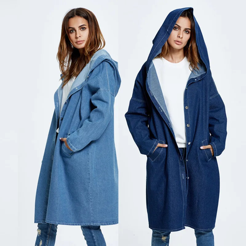 

winter hooded jaket women coats loose long denim coat ladies, Blue and light blue