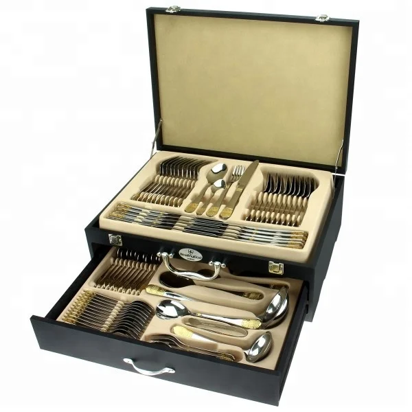 

wholesale stock dinnerware tableware with wood box stainless steel gold 72pcs flatware set cutlery set, Gold, silver