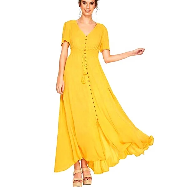 Women's Button Up Split Floral Print Flower Party Maxi Dress