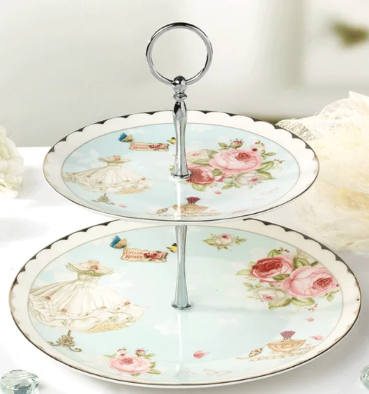 Wholesale Dishes Floral Design gold rim Ceramic Porcelain 2-tie cake stand dinnerware set disposable tableware manufacture