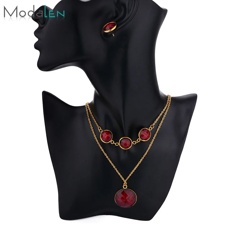 

Modalen High Quality Jewelry Set Red Natural Stone Multilayer Necklace Stainless Steel, Gold