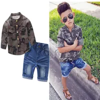 

Kids Summer Clothes Wholesale Camouflage Clothing For Children Two Piece Long Sleeve Shirt and Jean Shorts Set