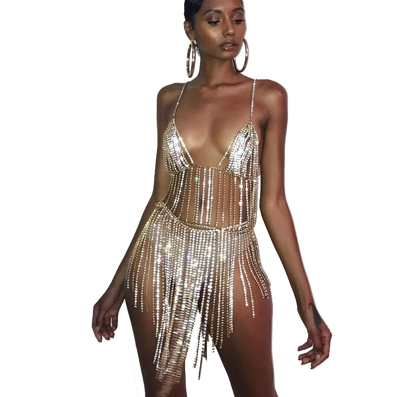 

2019 Western Hot Product Sexy Women Bikini Belly Body Chain Tassel Crystal Bra Body Chain BD0521A, Gold & silver