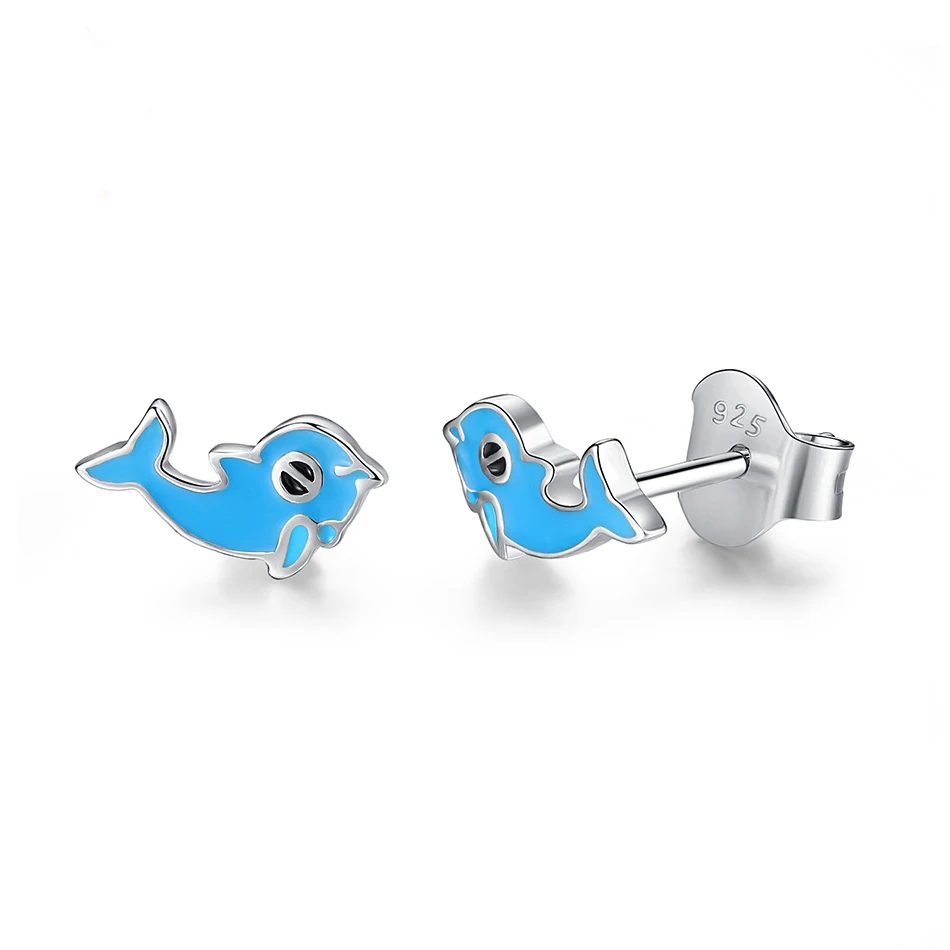 

Cute 100% 925 Sterling Silver Dolphin Stud Earrings For Women Fashion Blue Color Enamel Jewelry Gift