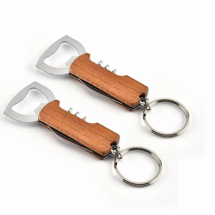 

Manufacturer customized custcreative key chain beer bottle opener stainless steel multi-functional wooden handle wine opener, As picture/customized