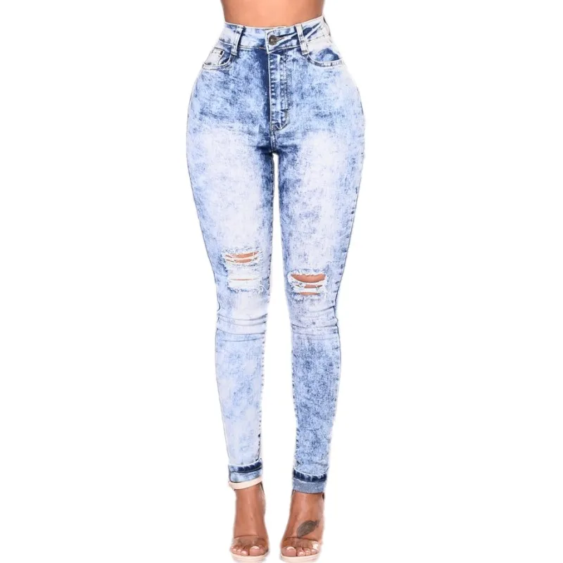 

Light Blue Long Jeans Plus Size Ripped Button Zipper Fly High Waist Ladies Stretch Women Denim Pants Pencil Trousers Women E8073