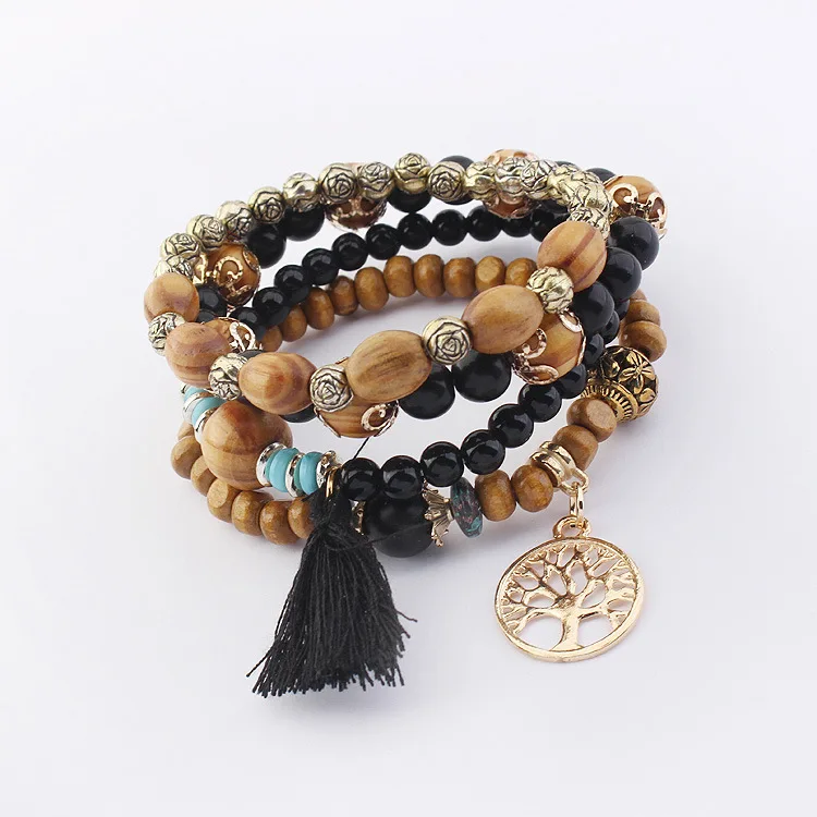 

New Bohemia Tibetan Buddhist Wood Prayer Tree Of Life Tassel Crystal Bead Mala Bracelet Jewelry, Black/white/red/coffee/blue