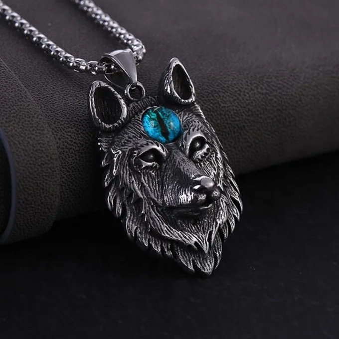 

2019 Fashion Hiphop Stone Jewelry Stainless Steel Wolf Head Shape Viking Necklace