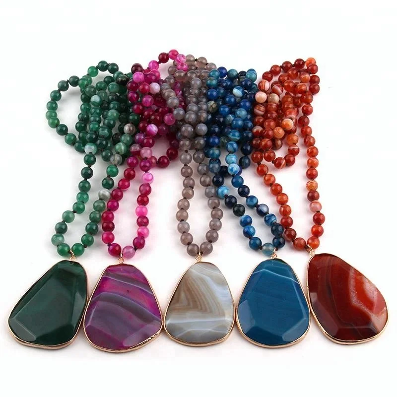 Women  Bohemian Tribal Jewelry Natural Precious Stone necklace Knotted Drop Stone Pendant Necklace