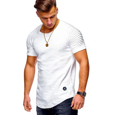 

Fashion Round Neck Slim Solid Color Short Sleeve Casual T-shirt Striped Pleated Raglan Sleeve Men shirt, White, gray, black, army green