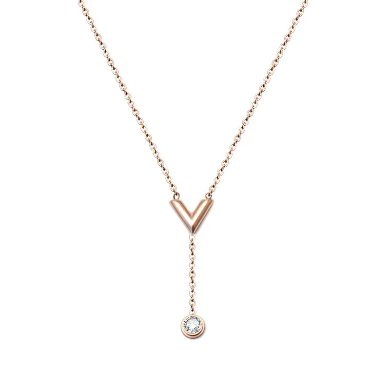 

Charm Women Jewelry High Quality Stainless Steel 18K Gold Plated V Shape Diamond Pendant Necklace, Rose gold