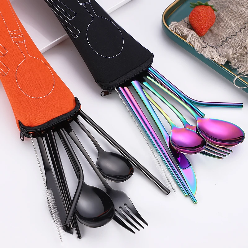 

Reusable color portable travel stainless steel cutlery straw set of 8