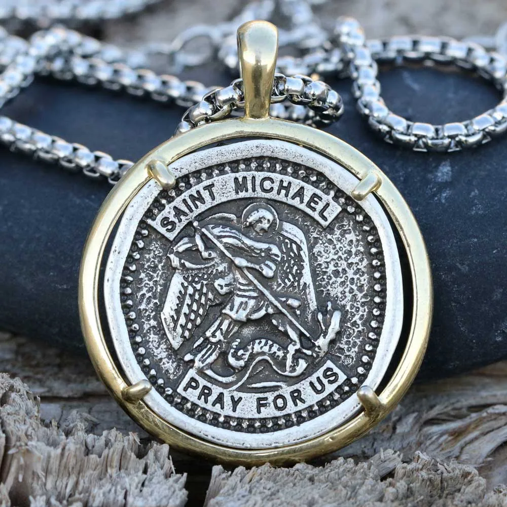 

Catholic Saint Michael Necklace Retro Medal Archangel Patron Protect Me Pendant Russian Necklace