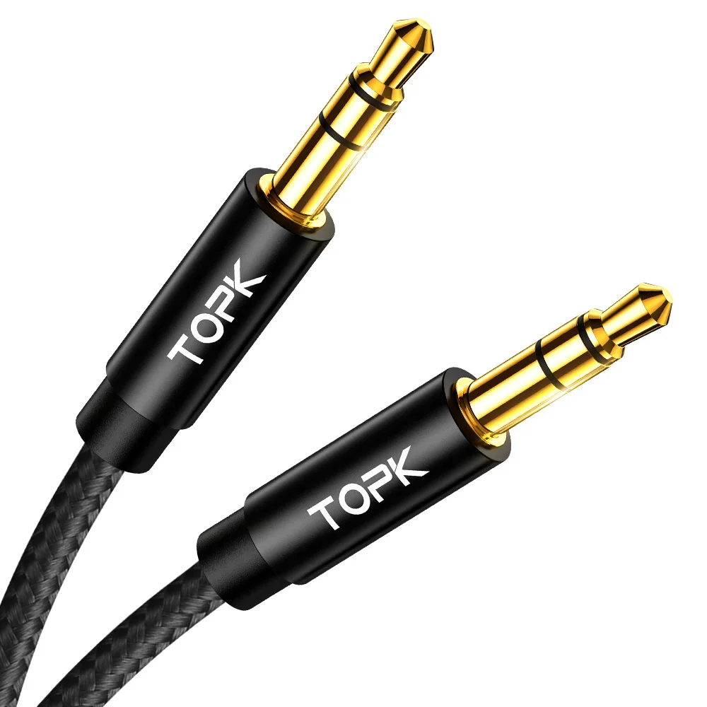 

TOPK Gold Plating Nylon Weave Speaker Headphone Male to Male 3.5mm 35mm Aux Audio Cable, Black
