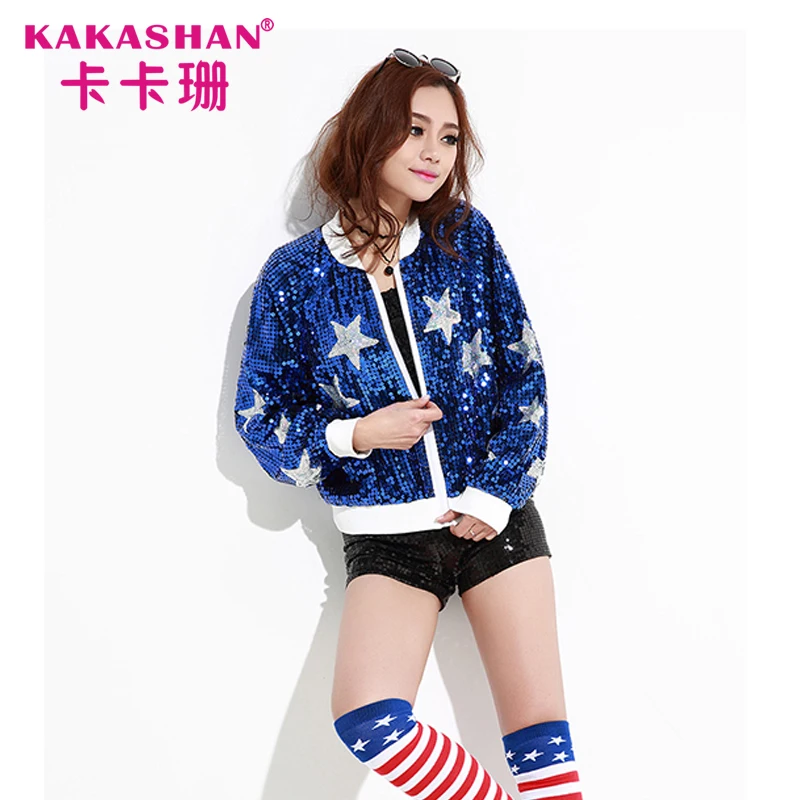 

Hiphop Shirt Costume Dance Jazz Women Black Jacket Star Pattern Sequin Bomber, Black blue red silver