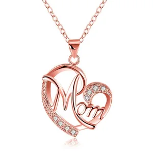 Mother's Day Gift Letter Mom Crystal Heart Pendant Necklace Luxury Rose Gold Plated Mom with Hollow Heart Drop Necklace