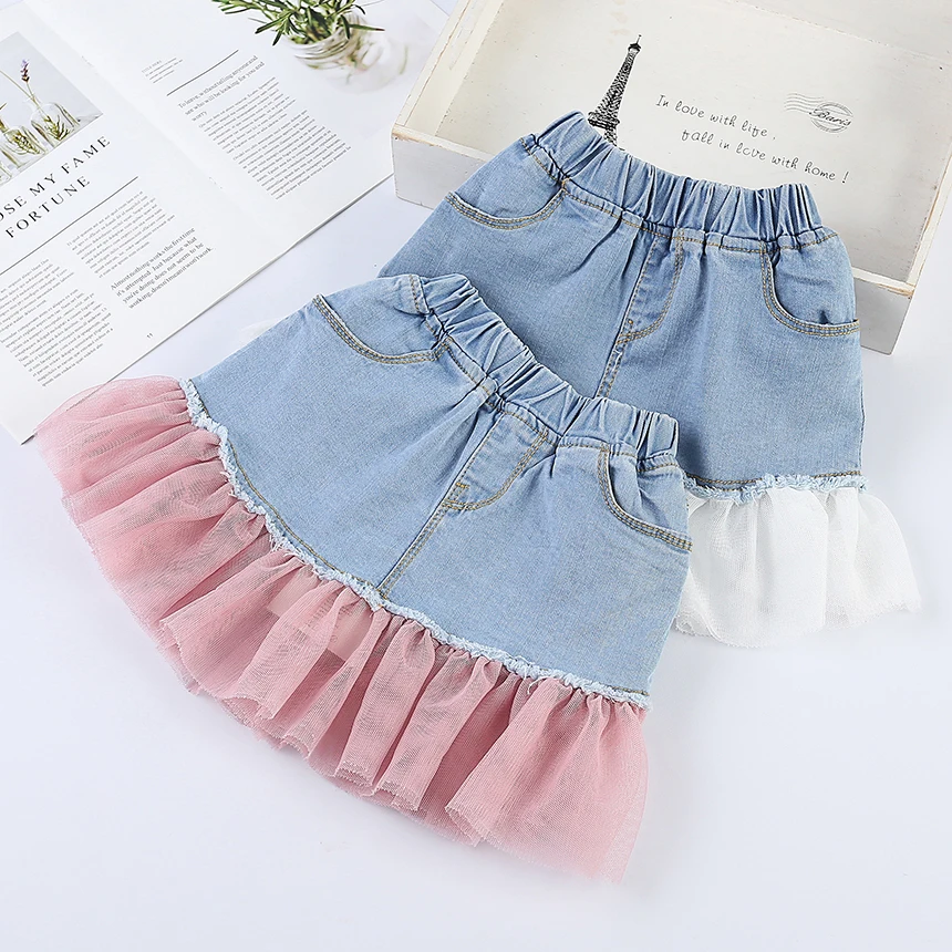 

2019 summer fashion girls splicing mesh denim skirt kids wasit skirts, As picture